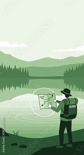 Adventurous Explorer Navigates Wilderness With Detailed Map