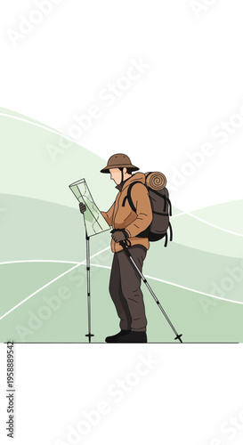 Adventurous Explorer Navigates Wilderness With Map And Trekking Poles