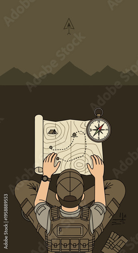 Adventurous Explorer Studying Topographic Map With Compass Guidance Outdoors