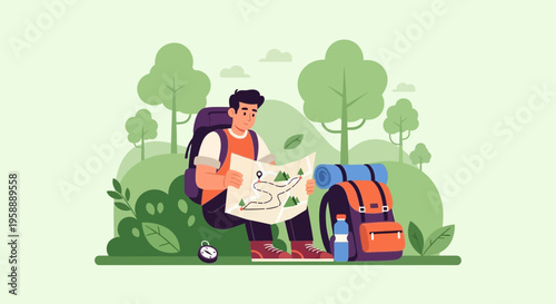 Adventurous Explorer Studying Trail Map in Lush Green Forest Scenery