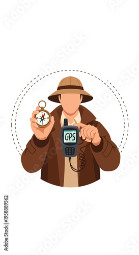 Adventurous Explorer Navigates With Compass And Gps Device