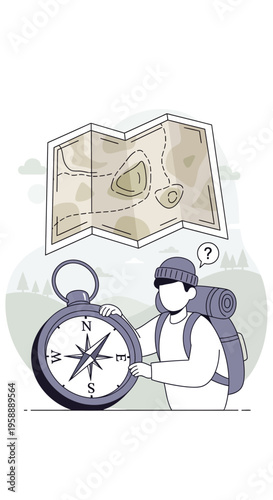 Adventurous Explorer Navigates With Compass And Map On Hiking Expedition