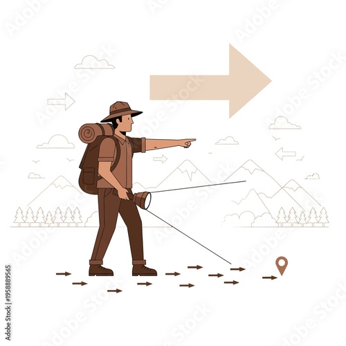 Adventurous Explorer Navigates With Compass and Flashlight Towards Mountain Destination