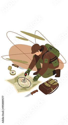 Adventurous Explorer Navigates With Map And Compass During Outdoor Expedition