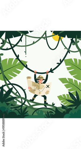 Adventurous Explorer Swinging Through Lush Jungle With Ancient Treasure Map