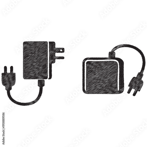 Two black power adapters with plugs and cords on white