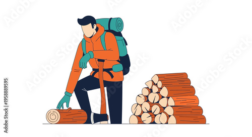 Adventurous Hiker Chopping Wood for Winter Survival Camp