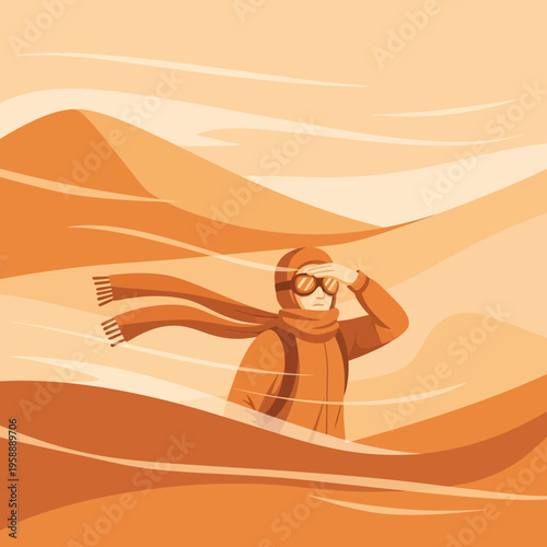 Adventurous Explorer Navigating Vast Desert Dunes Under Warm Sunlight