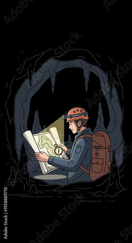 Adventurous Explorer Navigating Underground Cave System with Detailed Map and Compass