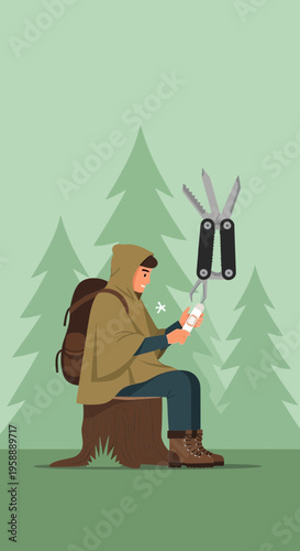 Adventurous Explorer Navigating Wilderness With Multitool And Map In Forest