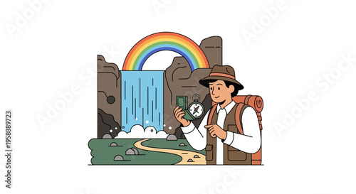 Adventurous Explorer With Compass Near Scenic Waterfall And Rainbow