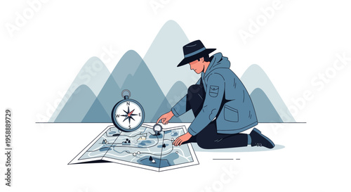 Adventurous Explorer Navigating with Compass and Map Amidst Mountain Peaks