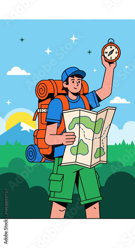 Adventurous Explorer Navigating With Compass and Map Outdoors