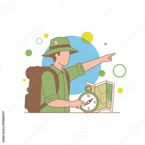 Adventurous Explorer Navigating With Compass And Map Outdoors