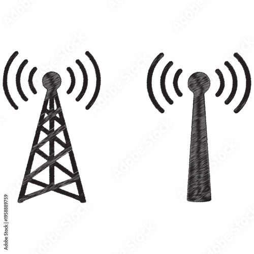 Two black signal towers with radiating waves on white background antenna communication