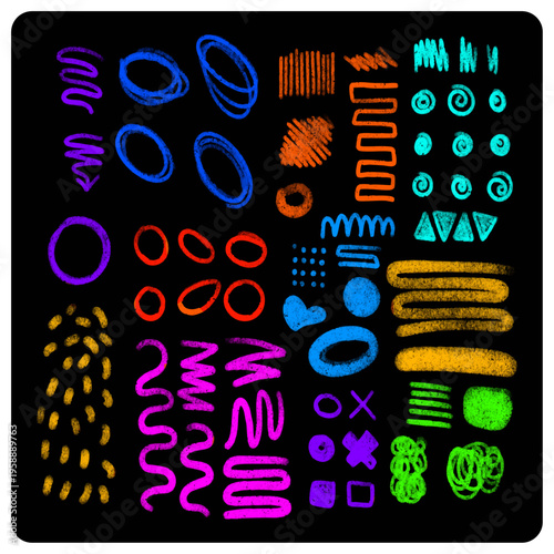 Diverse collection of neon chalk abstract shapes and brush strokes, vibrant crayon textures with spirals and zigzags