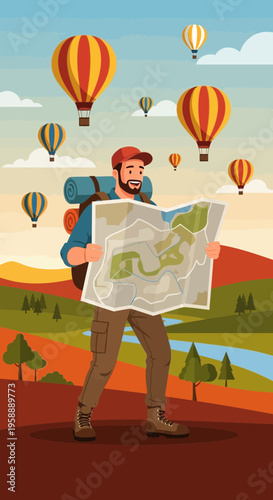 Adventurous Explorer Navigating With Map Amidst Hot Air Balloon Skies