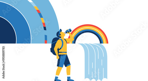 Adventurous Hiker Drinks Water With Rainbow Waterfall View