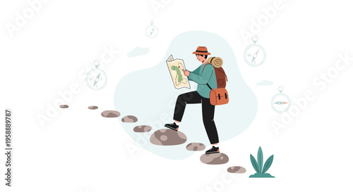 Adventurous Explorer Navigating with Map and Backpack