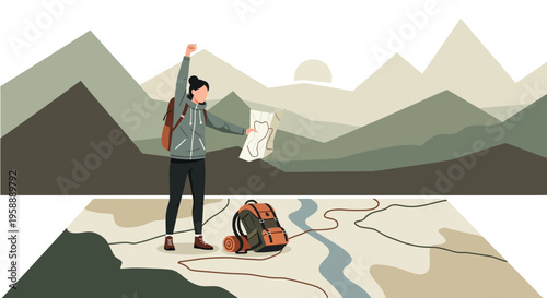 Adventurous Hiker Discovers Mountain Path Using Map Victory Pose