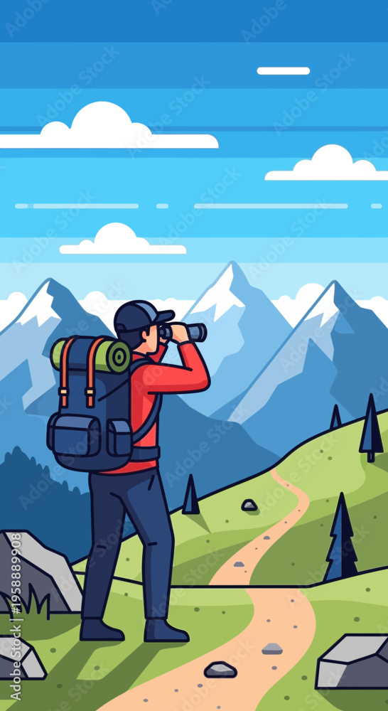 Fototapeta premium Adventurous Hiker Explores Majestic Mountain Landscape With Binoculars
