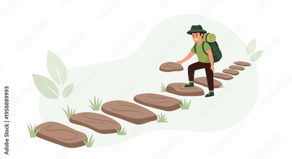 Fototapeta premium Adventurous Hiker Ascends Stepping Stone Path
