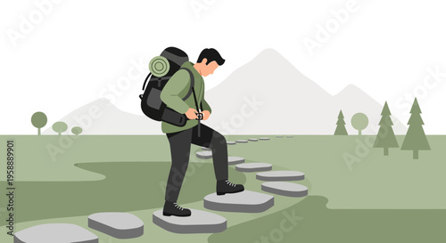 Adventurous Hiker Ascends Mountain Path on Stepping Stones