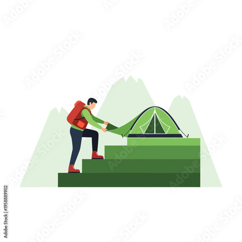 Adventurous Hiker Ascends Green Mountain Steps Setting Up Tent