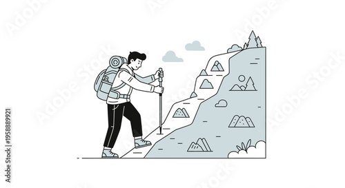 Adventurous Hiker Ascends Mountain Trail With Backpack and Pole