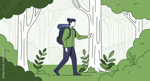 Adventurous hiker exploring serene forest pathways with backpack on
