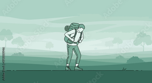 Adventurous Hiker Exploring Serene Wilderness Trails At Dawn