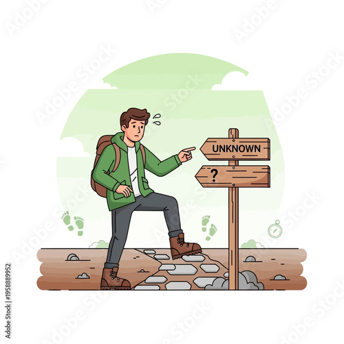 Adventurous Hiker Faces Crossroads Of Decision Point At Unknown Path Signpost