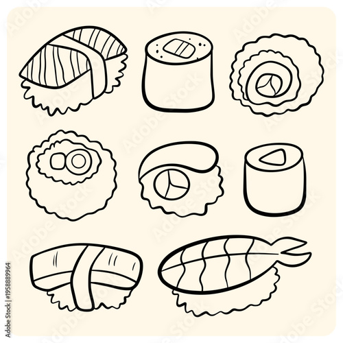 Japanese sushi and sashimi roll collection doodle line art