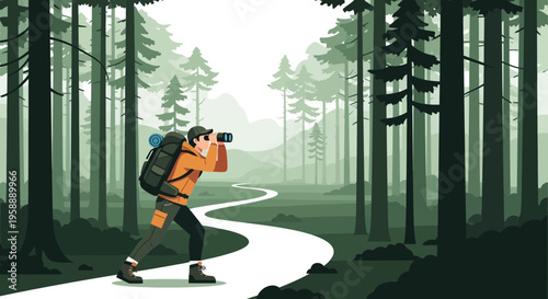 Adventurous Hiker Exploring Vast Forest With Binoculars Amidst Serene Landscape