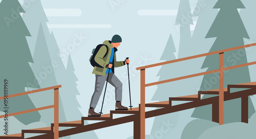 Adventurous Hiker Ascends Scenic Forest Staircase Amidst Towering Pines