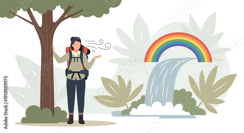 Adventurous Hiker Finds Serene Waterfall With Vibrant Rainbow Scene
