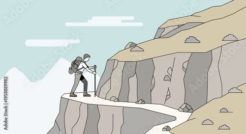 Adventurous Hiker Ascends Steep Mountain Trail With Trekking Poles