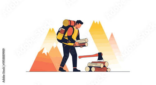 Adventurous Hiker Gathers Firewood Among Mountain Peaks