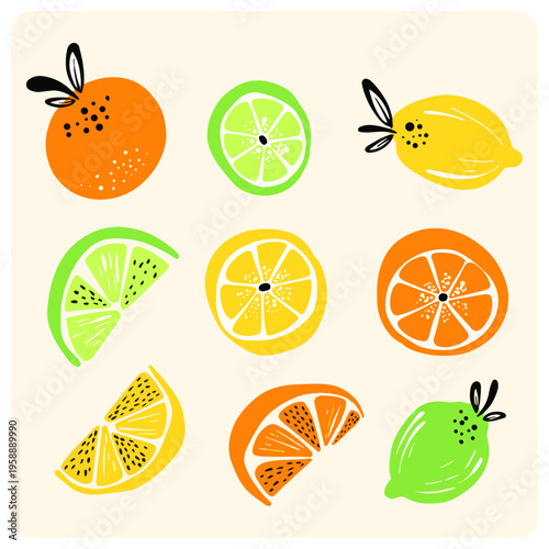 Minimalist hand drawn citrus fruit illustrations, colorful slices of orange, lemon, and lime in flat art style