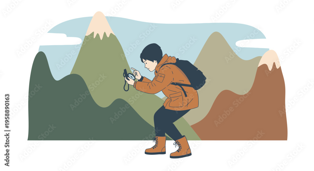 Fototapeta premium Adventurous Hiker Navigates Mountainous Terrain With Compass