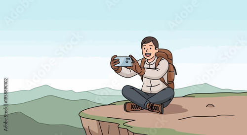 Adventurous Hiker Capturing Scenic Views From Mountain Peak