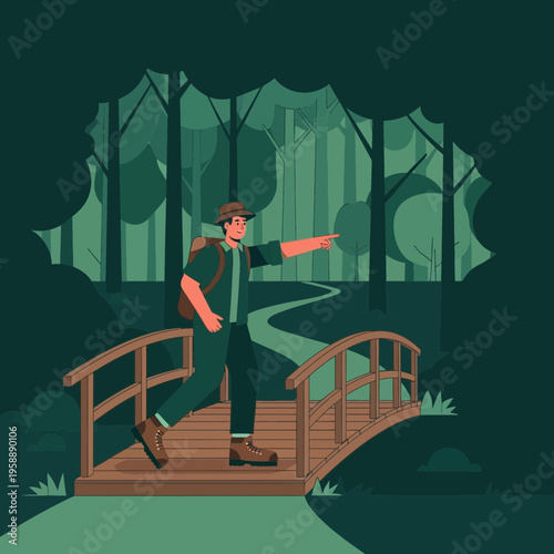 Adventurous Hiker Navigates Forest Path Over Wooden Bridge