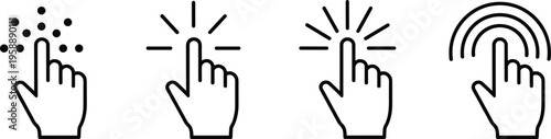 Set of hand cursor icons with clicking effects for website interface design and touch screen interaction symbols isolated on white