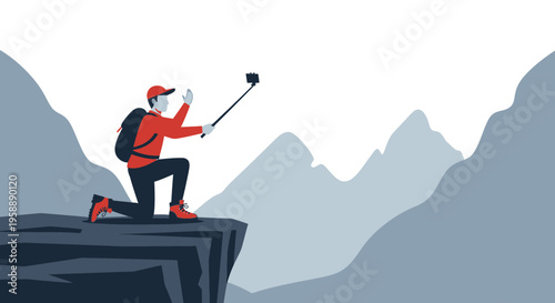 Adventurous Hiker Captures Summit Selfie With Selfie Stick Above Mountain Peaks