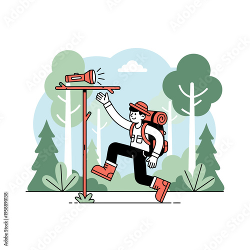 Adventurous Hiker Navigates Forest Trail With Bright Red Backpack And Hat