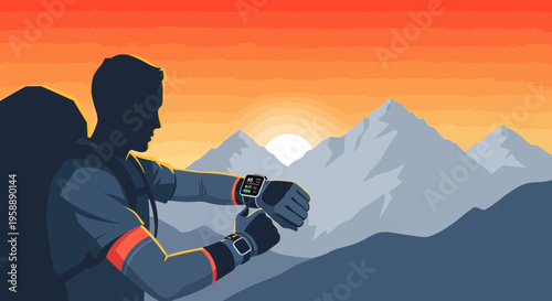 Adventurous Hiker Checks Smartwatch During Mountain Sunrise Expedition