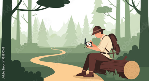 Adventurous Hiker Navigates Forest Trail With Compass During Outdoor Expedition