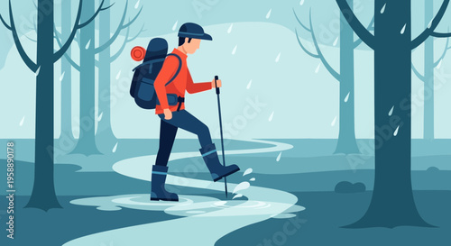 Adventurous Hiker Navigates Rainy Forest Trail