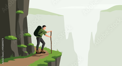 Adventurous Hiker Navigates Rugged Mountain Path Near A Dramatic Cliff Edge