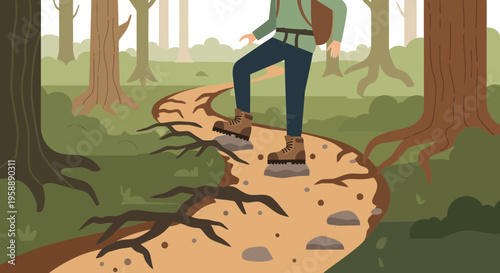 Adventurous Hiker Navigating a Serene Forest Path